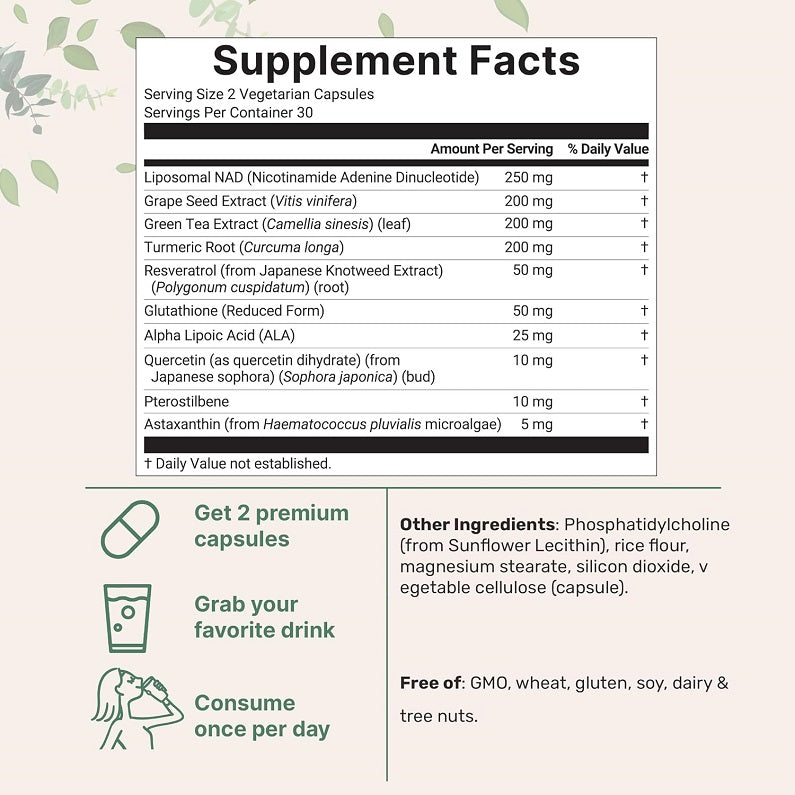 Supplement Facts panel showing nutrients per serving for liposomal NAD+ Ultimate