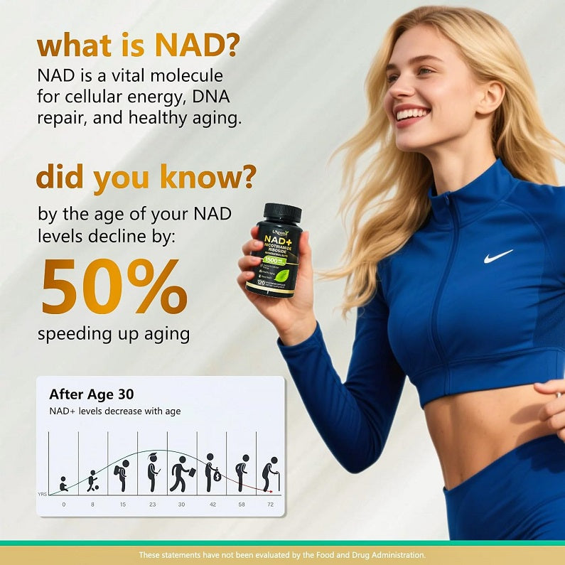 UNcena NAD+ bottle held by woman in blue athletic top, 1500 mg vegetarian capsules