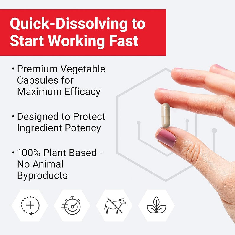 NAD+ longevity quick-dissolving capsule in hand with vegetable capsule callouts