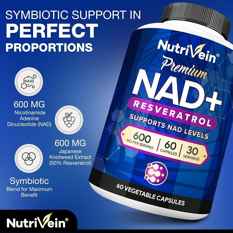 NutriVein Premium NAD+ resveratrol supplement bottle, 600 mg serving, 60 capsules