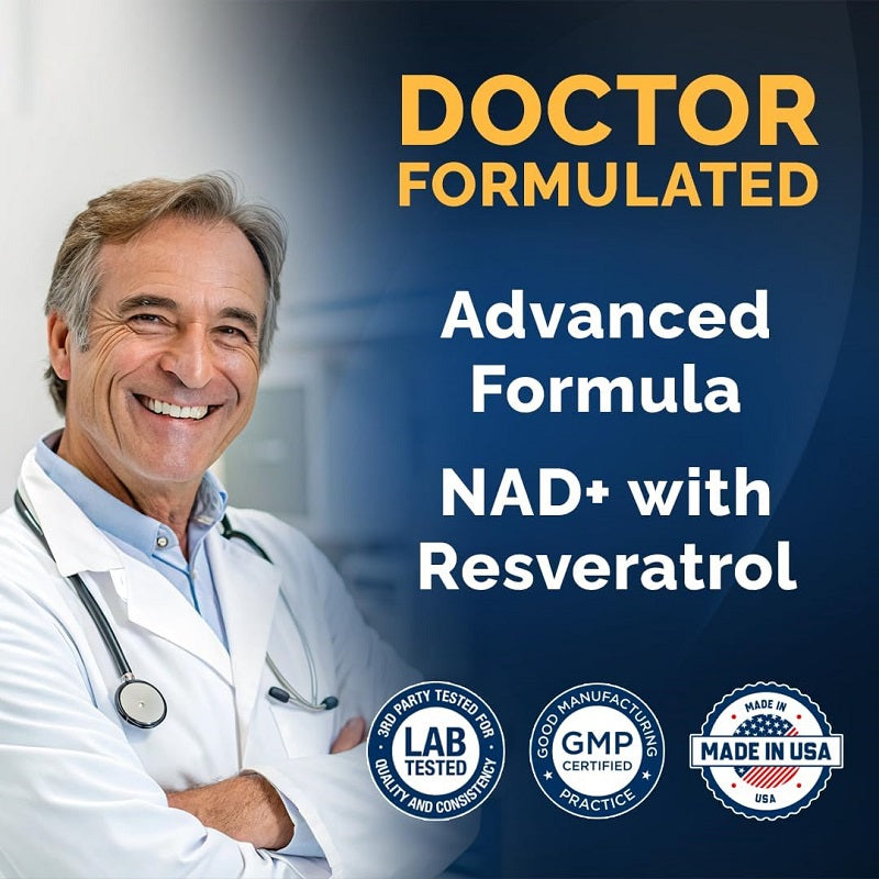 Advanced formula NAD+ with resveratrol promo graphic with doctor and certification badges