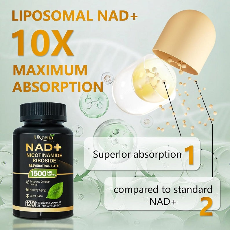 UNcena NAD+ 1500 mg supplement bottle with liposomal absorption graphics
