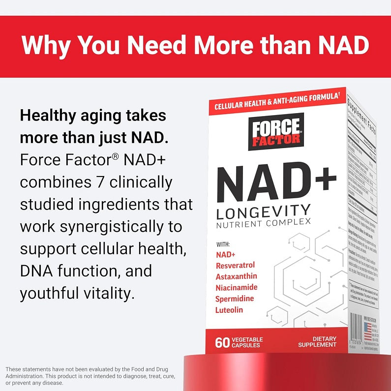 Force Factor NAD+ longevity nutrient complex box with logo and red ingredient panel