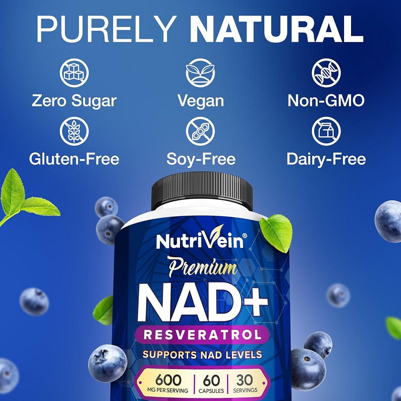 NutriVein Premium NAD+ resveratrol supplement bottle with vegan, non-GMO and zero sugar icons