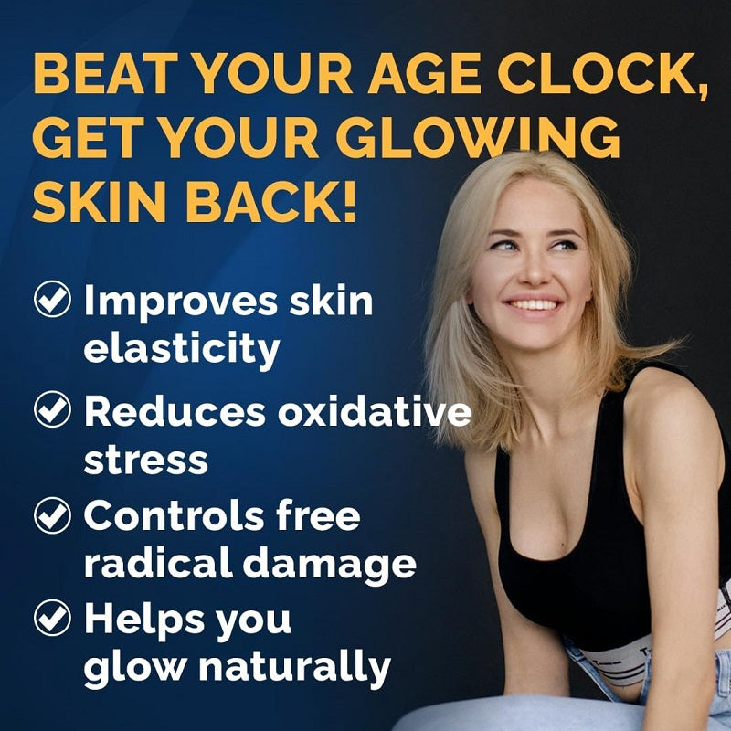 NAD+ supplement promo graphic with smiling woman and skin glow bullet points