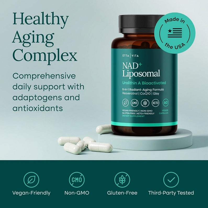 Green NAD+ liposomal supplement bottle with capsules on a pedestal and a Made in USA badge.