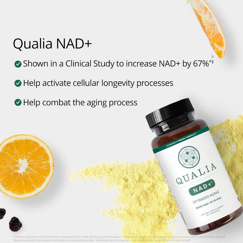 Qualia NAD+ supplement bottle with teal band label