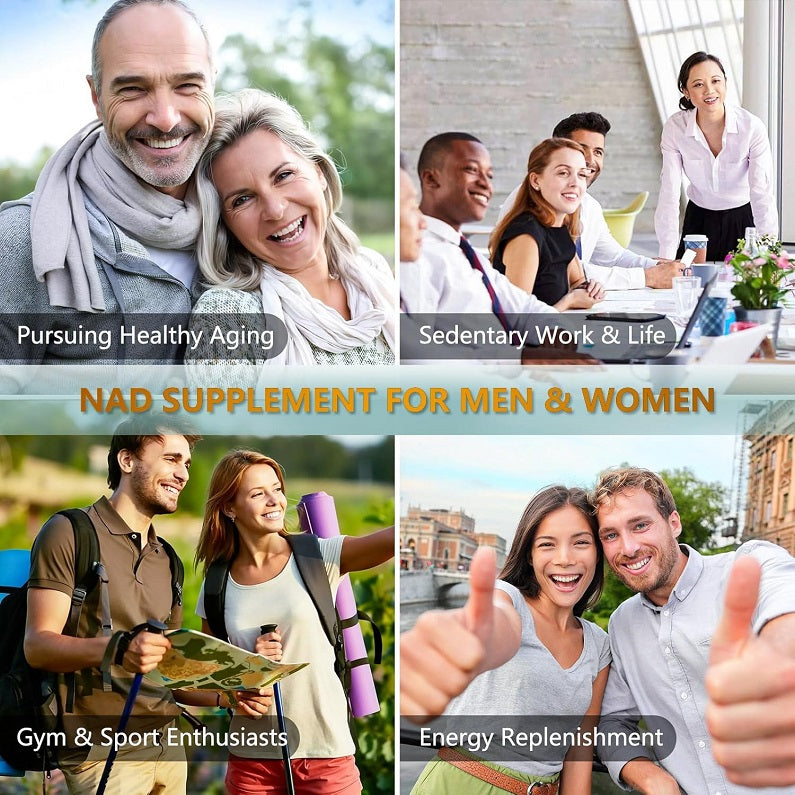 NAD+ supplement lifestyle infographic with men and women, fitness and energy scenes