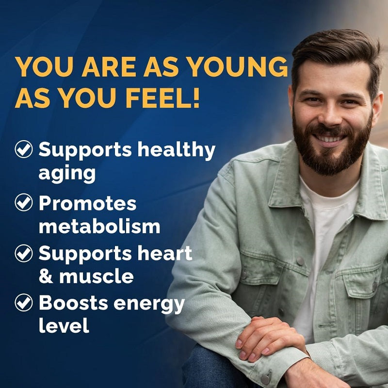 NAD+ with resveratrol supplement promo graphic with smiling man and aging benefits