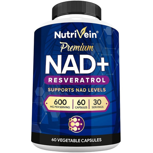 NutriVein Premium NAD+ resveratrol supplement bottle, 60 vegetable capsules label front