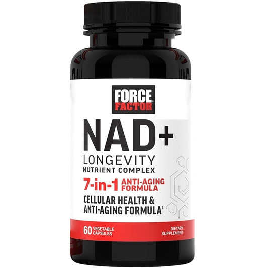 Force Factor NAD+ longevity supplement bottle, black cap, red-and-white label