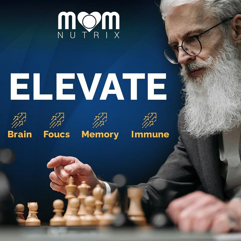 Elevate NAD+ supplement promo graphic with elderly man playing chess