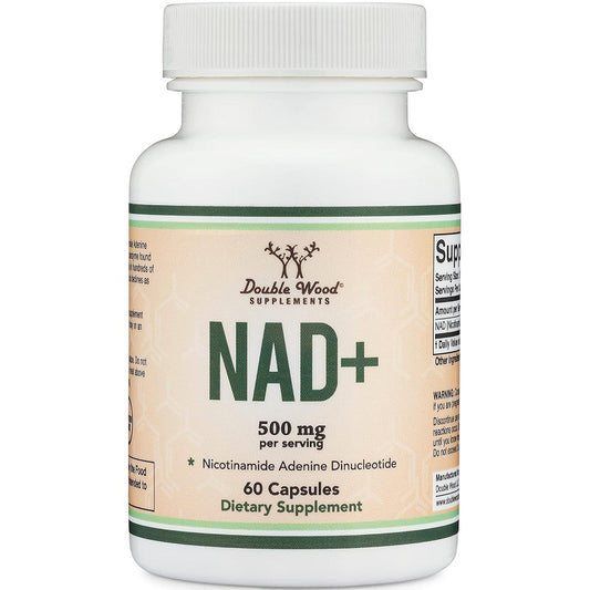 NAD+ dietary supplement bottle, 500 mg per serving, 60 capsules