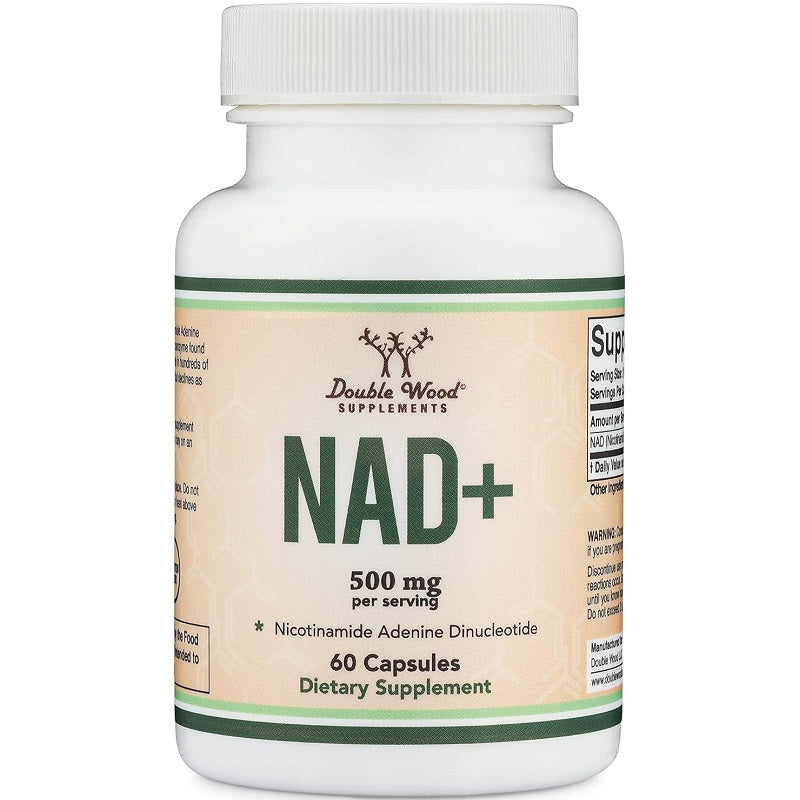 NAD+ dietary supplement bottle, 500 mg per serving, 60 capsules