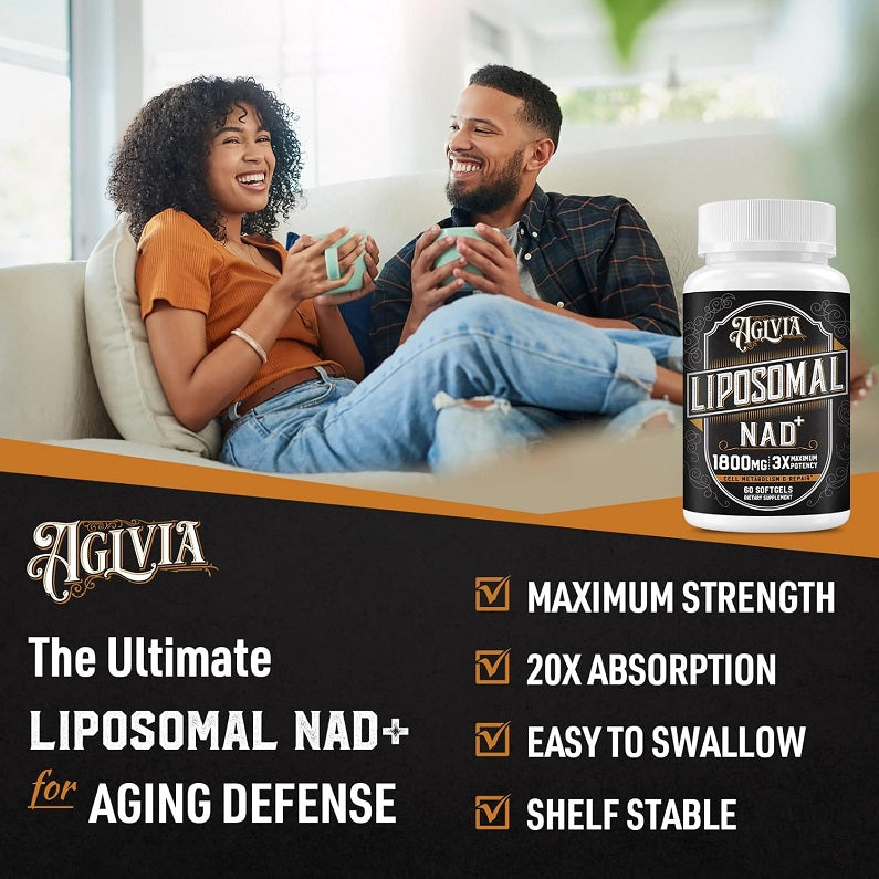 AGLVIA liposomal NAD+ 1800mg supplement bottle with white cap on a lifestyle ad