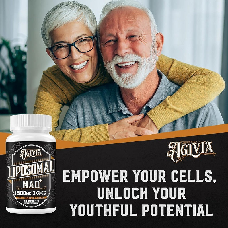 AGLVIA liposomal NAD+ 1800mg supplement bottle with white cap on a couple lifestyle graphic