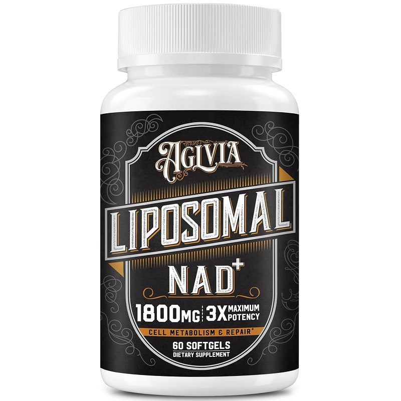 AGLVIA liposomal NAD+ 1800mg supplement bottle with white cap, black label, 60 softgels