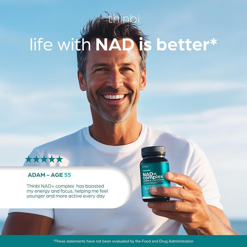 NAD+ supplement bottle held by smiling man, turquoise-and-black label