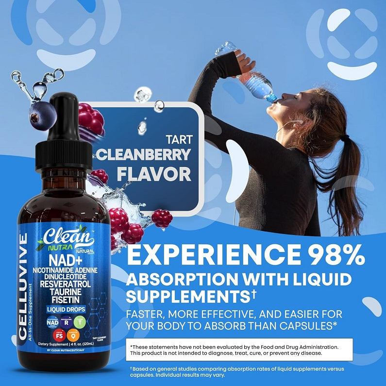 NAD+ liquid drops bottle with black dropper cap, Clean label, and tart flavor callout