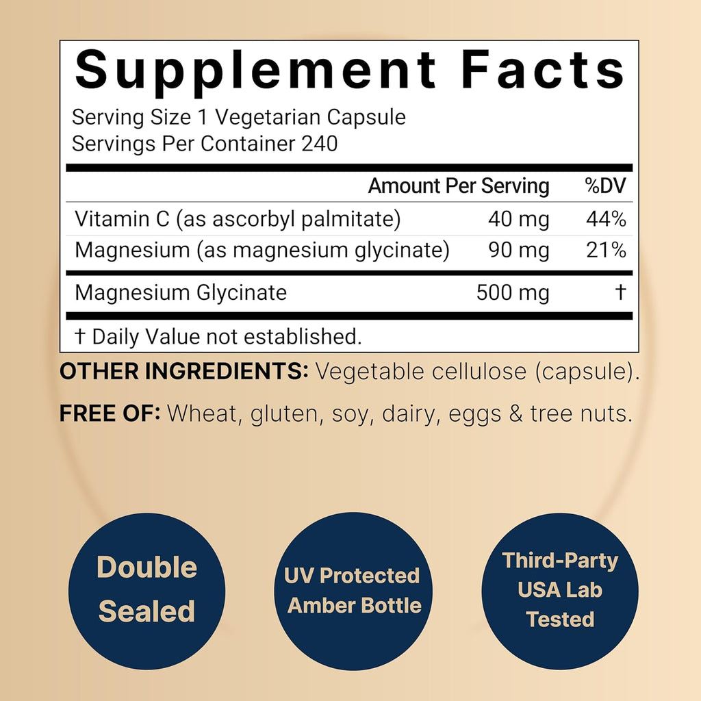 Supplement Facts label for vegetarian capsules: magnesium glycinate 500 mg per serving