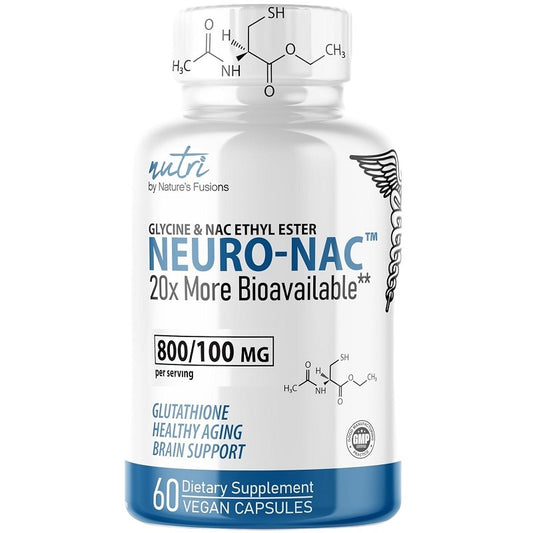 Neuro-NAC dietary supplement bottle, white with blue base, 60 vegan capsules