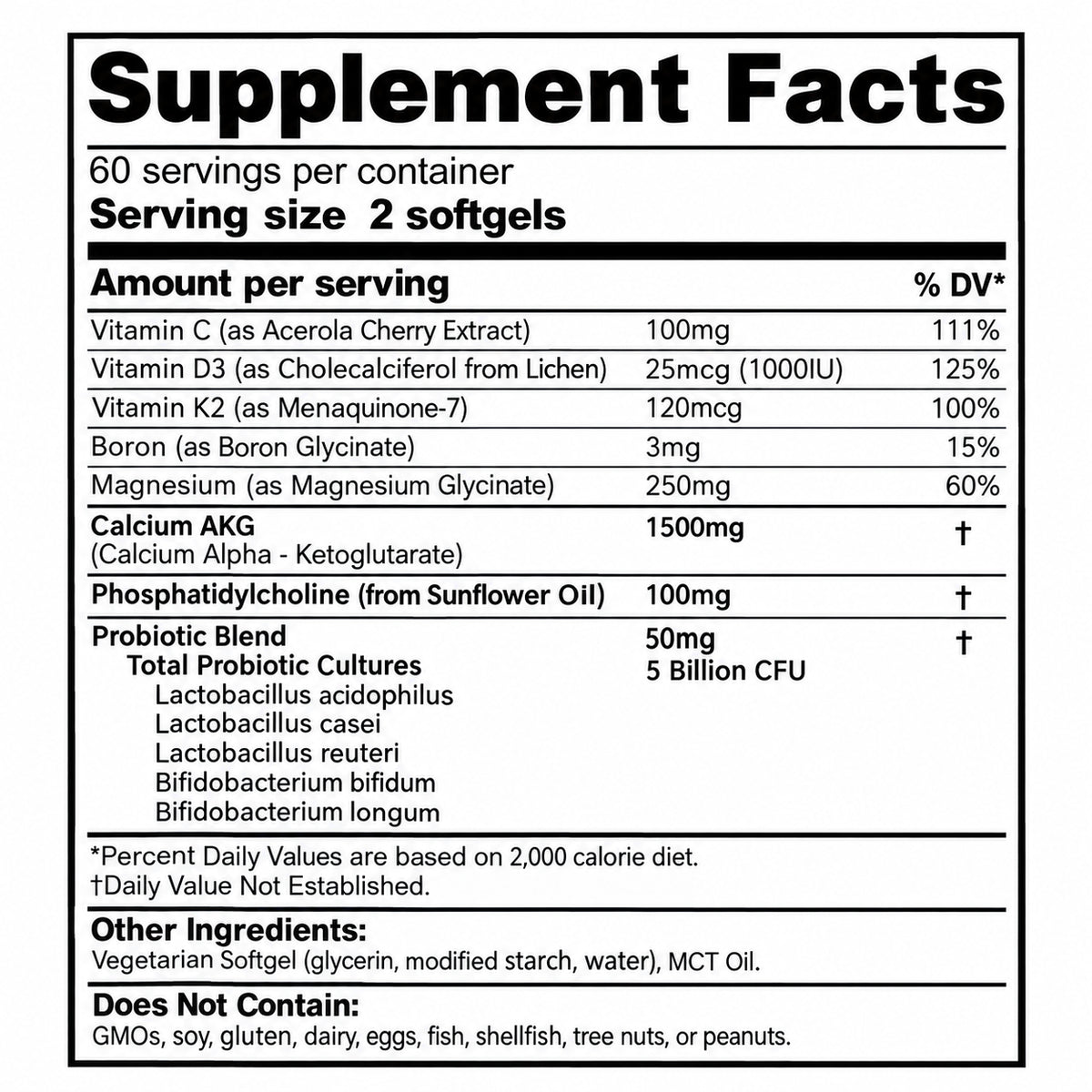 Supplement facts panel with serving size 2 softgels and calcium 1500mg