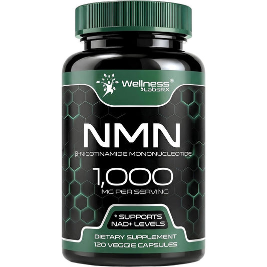 Wellness LabsRX NMN 1000mg supplement bottle with green ribbed cap, black label