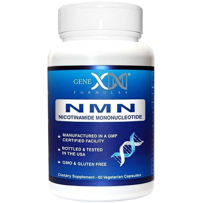 Genex Formulas NMN 250mg supplement bottle, blue label for nicotinamide mononucleotide capsules