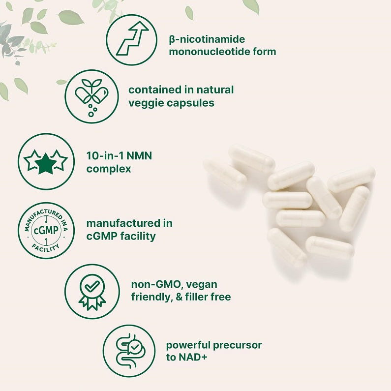 NMN vegetarian capsules and label icons, non-GMO vegan, cGMP facility