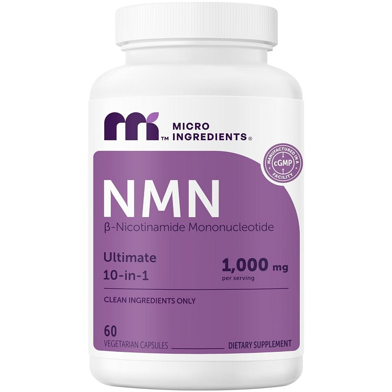 NMN dietary supplement bottle, 60 vegetarian capsules, 1,000 mg per serving