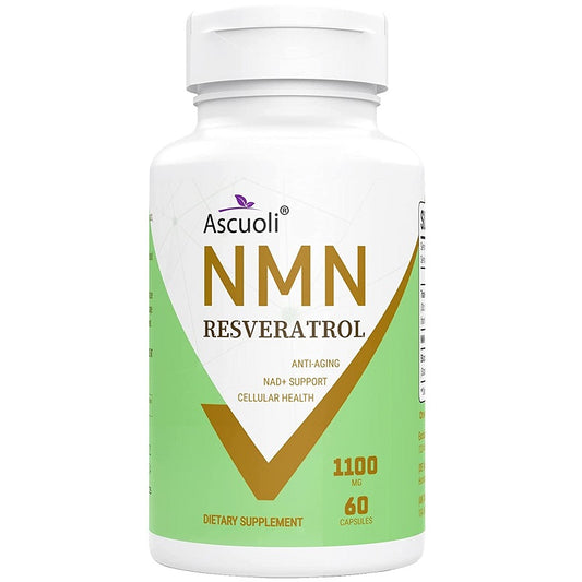 Ascuoli NMN Resveratrol dietary supplement bottle, 1100mg, 60 capsules