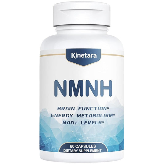 NMNH dietary supplement bottle, Kinetara, white bottle with blue NMNH label