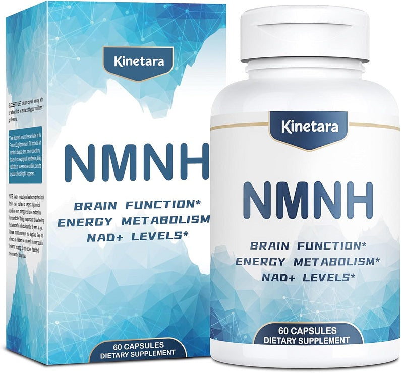 NMNH dietary supplement bottle and box set, Kinetara, blue NMNH front labels