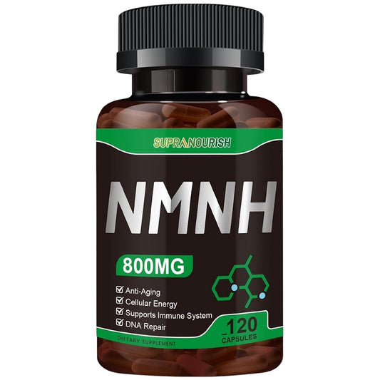 Supranourish NMNH 800mg supplement bottle, black cap; 120 capsules