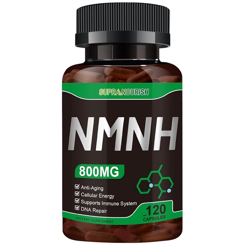 Supranourish NMNH 800mg supplement bottle, black cap; 120 capsules