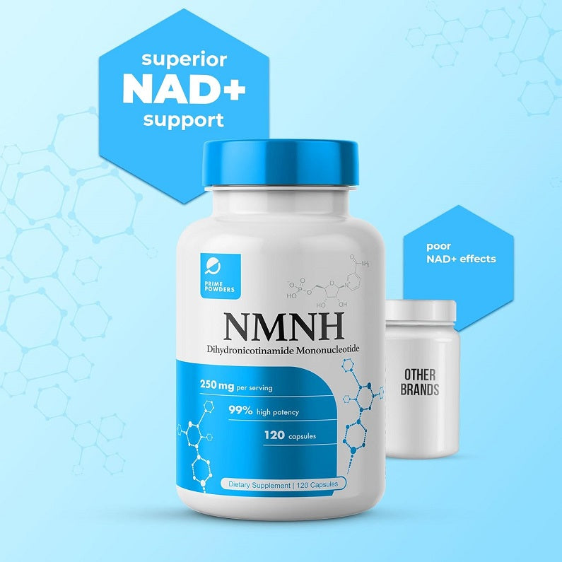 NMNH supplement bottle with hex callouts for NAD+ support and other brands