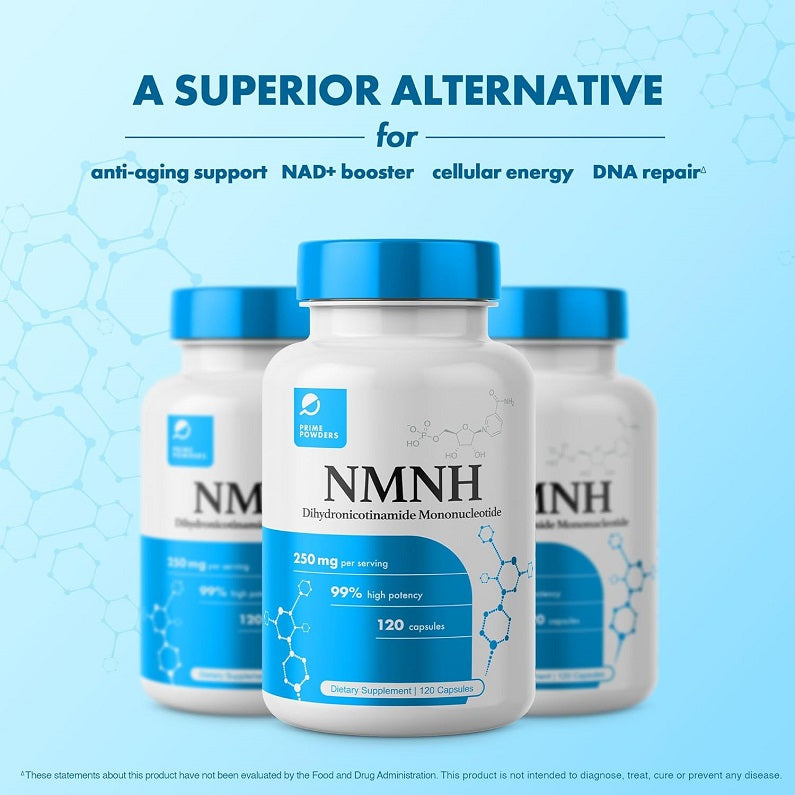 NMNH supplement bottle front label, 250 mg per serving, 120 capsules