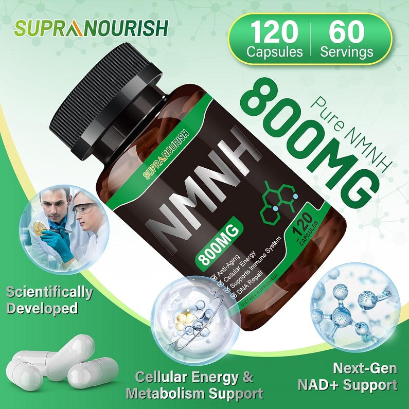 Supranourish NMNH 800mg supplement bottle angled, showing 800mg and 120 capsules
