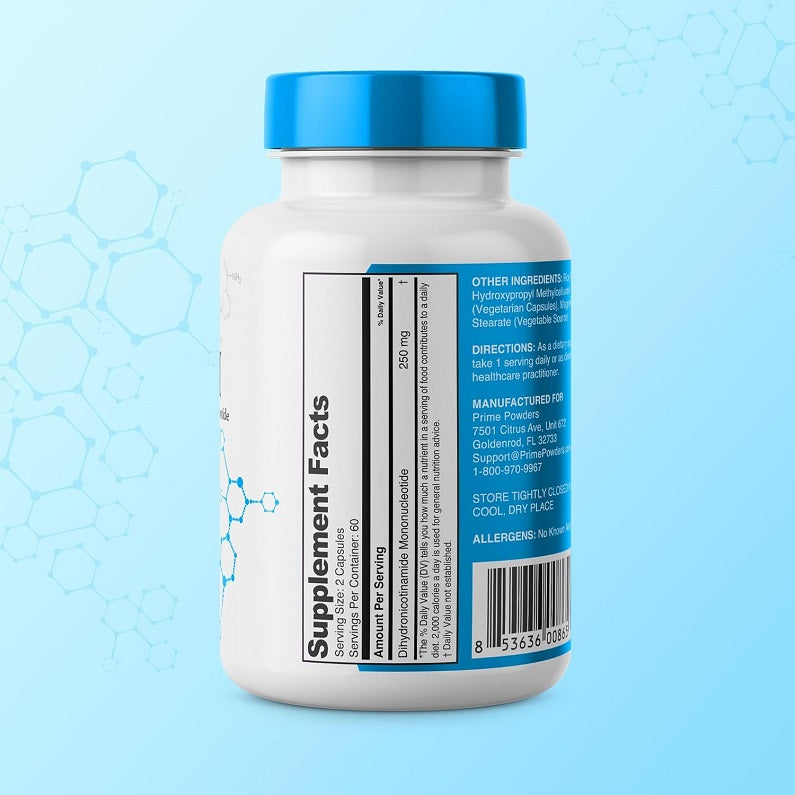 NMNH supplement bottle back label with Supplement Facts panel