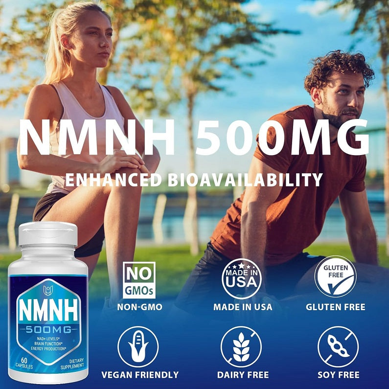 NMNH 500 mg bottle with enhanced bioavailability text and diet badges