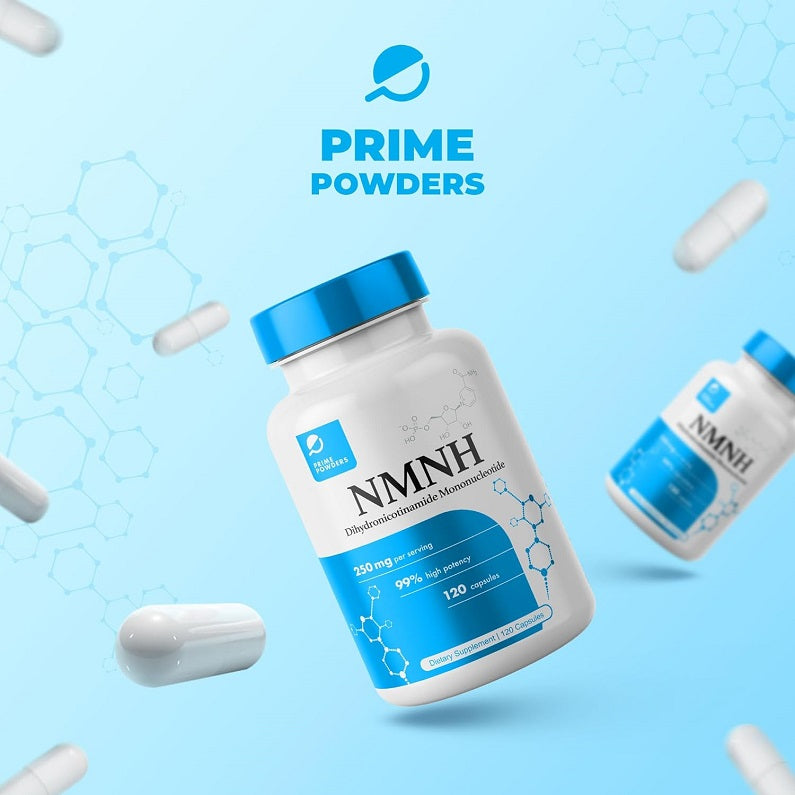 NMNH supplement bottle with blue cap and scattered white capsules