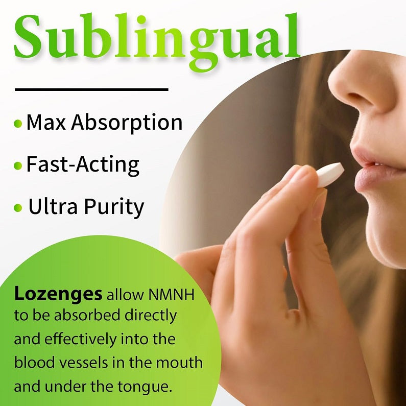 Sublingual NMNH lozenges guide with person taking a lozenge in the mouth