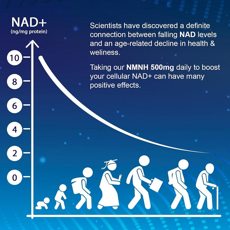 NMNH 500 mg supplement infographic with NAD+ chart and activity icons