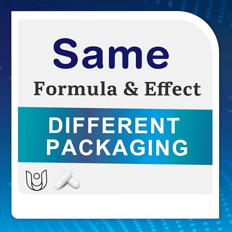 Supplement packaging card: “Same Formula & Effect, Different Packaging”