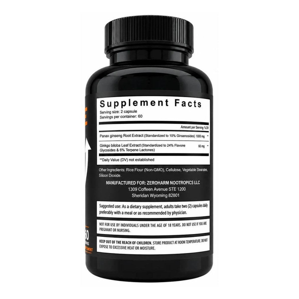 Black supplement bottle with Supplement Facts label on front
