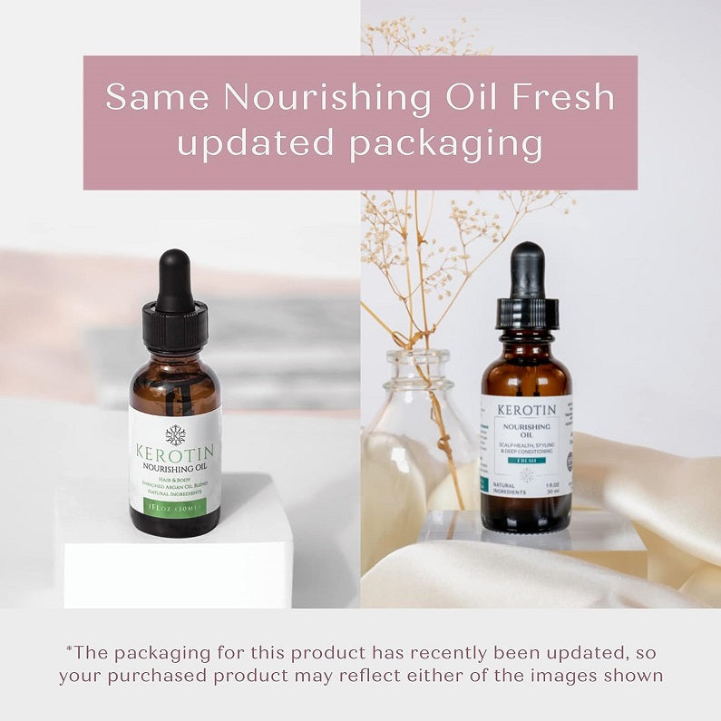 Kerotin nourishing oil bottles with fresh updated packaging label on banner