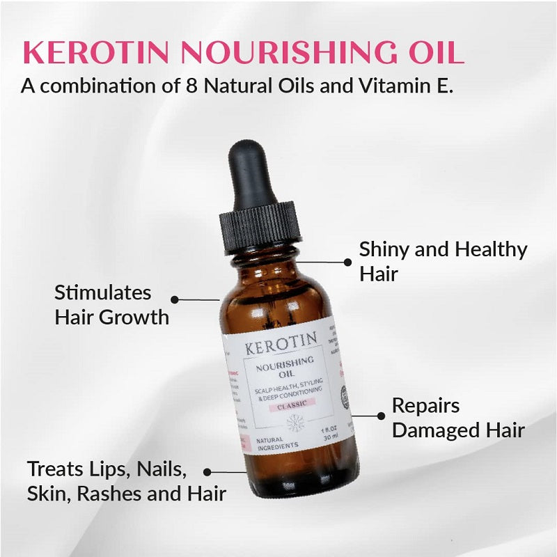 Kerotin nourishing oil bottle with scalp health, styling, and deep conditioning label
