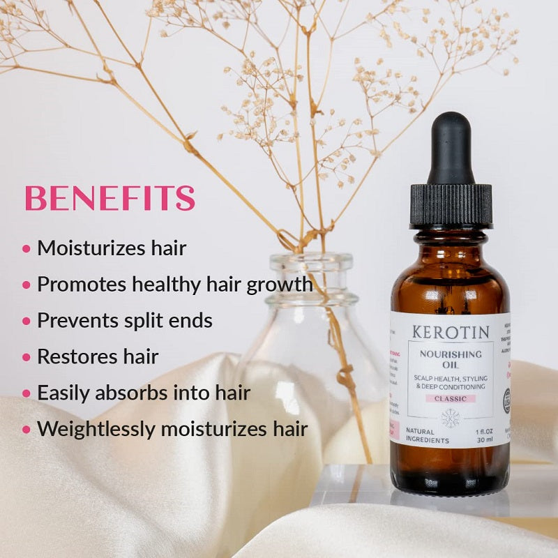 Kerotin nourishing oil bottle with benefits list and glass dropper top