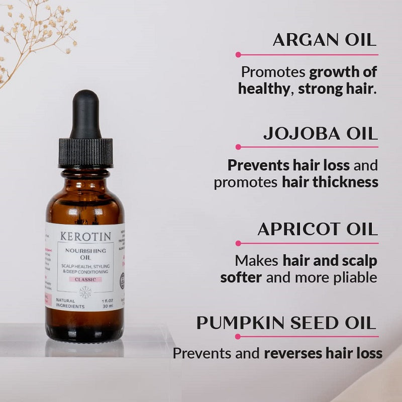 Kerotin nourishing oil bottle with callouts for argan, jojoba, apricot, and pumpkin seed oils