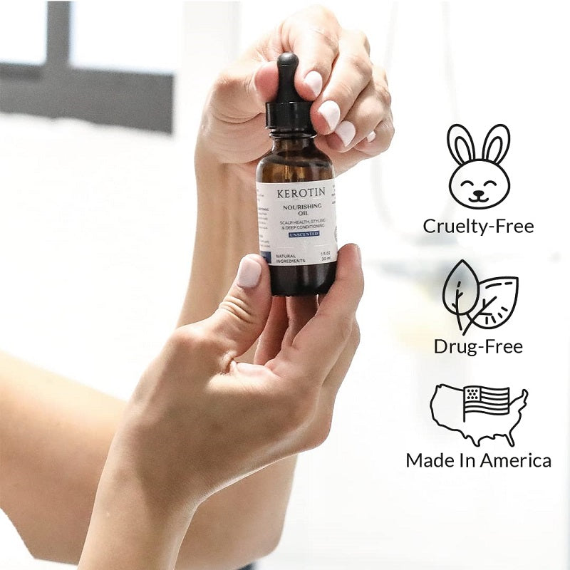 Kerotin nourishing oil bottle held by hands; cruelty-free, drug-free, Made in America icons